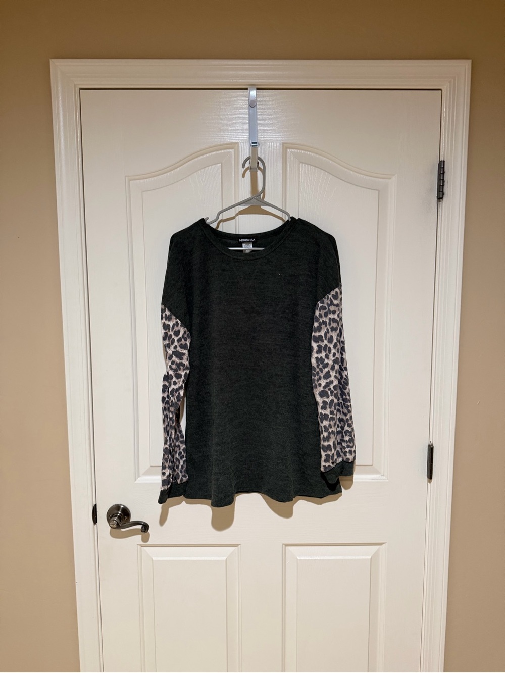 HEIMISH USA Dark Green Sweater with Leopard Print Sleeves